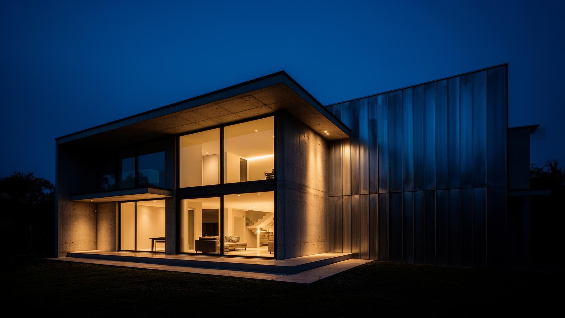Maison contemporaine rénovée éclairée à l'heure bleue